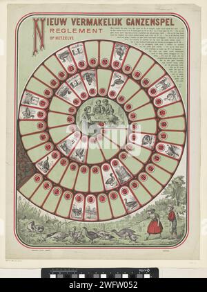 Nuovo divertente gioco d'oca, c. 1880 - c. 1900. Gioco da tavolo Gameboard Goose con spirale con scomparti numerati da 1 a 63. Al numero 63: Un gruppo di bambini al tavolo che gioca a goose board. Sotto la presentazione di due bambini che inseguono un gruppo di oche. In alto a destra le regole, al centro del titolo. Giochi da tavolo di carta di Amsterdam. giochi da tavolo d'azzardo. goose-game Foto Stock