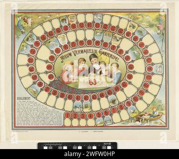 Nuovo e divertente gioco d'oca, stampa 1885. Gioco da tavolo Gameboard Goose con spirale con scomparti numerati da 1 a 63. In qualche scatola di oche. Nel grande compartimento centrale il titolo e l'immagine di una madre con i suoi figli intorno a un tavolo che gioca a tavola d'oca. Titolo nel margine superiore, in basso a sinistra le regole nella stampa del libro. Amsterdam paper letterpress Printing Goose-game. giochi da tavolo. giochi da tavolo d'azzardo Foto Stock