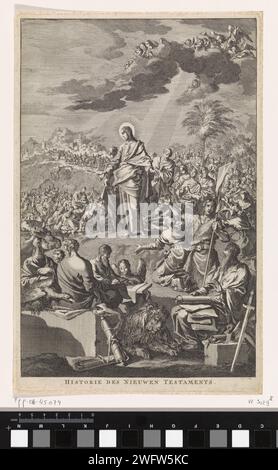 Mountal with Christ and the Four Evangelists, Jan Luyken, 1703 Print Maker: Haarlem Publisher: Amsterdam paper etching Christ's sermon on the Mount (Matteo 5-7) (+ angelo(i)). frontespizio. evangelisti, di solito con libri o pergamene (non in contesto biblico) - II - gli evangelisti senza i loro simboli. Giovanni Battista; possibili attributi: Libro, croce di canna, coppa battesimale, favo, lamb, staff. L'apostolo Paolo di Tarso; possibili attributi: Libro, rotolo, spada Foto Stock