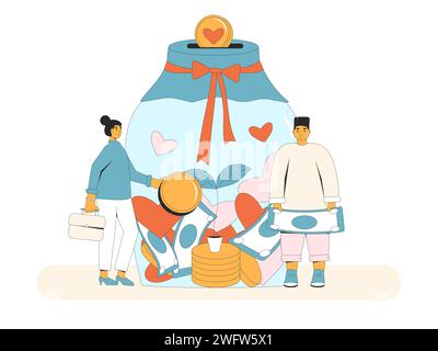 Concetto di donazione. Giornata internazionale di beneficenza. Persone in piedi vicino al barattolo di vetro moneta con monete, busta di banconote, simboli del cuore isolati su b bianco Illustrazione Vettoriale