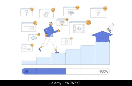 Gamification nel progresso dell'apprendimento. Studente che corre in cima alla scala per il suo diploma. Coinvolgimento e motivazione nell'istruzione. Illustrazione vettoriale. Illustrazione Vettoriale