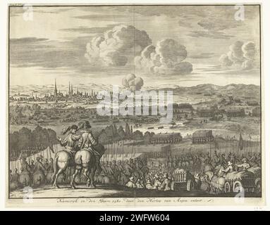 Il rilievo di Kamerijk da parte del Duca d'Angiò, 1581, Jan Luyken, 1730 stampa Kamerijk assediato dal Duca di Parma ma sollevato dal Duca d'Angiò, 16 agosto 1581. Vista della città dalla posizione dell'esercito di Angiò, in primo piano due signori di campo a cavallo. Le truppe di Parma lasciano le loro caserme in giro per la città. Carta olandese che solleva l'assedio con assistenza esterna, sollievo Cambrai Foto Stock