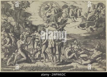 Il giudizio di Parigi, Marco dente, dopo Marcantonio Raimondi, dopo Rafaël, 1498 - 1532 stampa Un incontro di dei in un paesaggio. In primo piano, Parigi fa la scelta tra Venere, Giunone e Minerva. Mercurio è dietro Parigi. Apollo vola attraverso l'aria sulla sua auto solare. Italia carta incisione il giudizio di Parigi (senza mercurio) Foto Stock