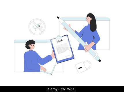Concetto NDA. Accordo di non divulgazione. Documento legale riservato. Firma di un contratto tra dipendente e datore di lavoro sulla riservatezza. Modulo vettoriale Illustrazione Vettoriale