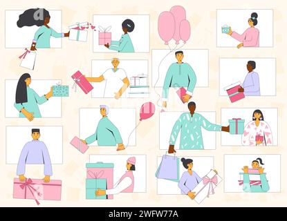 Evento natalizio online. Regalarsi a vicenda tramite videochiamata. Gente felice con i regali. Imposta le persone con le scatole regalo. Illustrazione vettoriale. Illustrazione Vettoriale