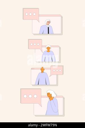 Comunicazione online degli anziani. Uomini e donne anziani che parlano a distanza. Illustrazione vettoriale Illustrazione Vettoriale