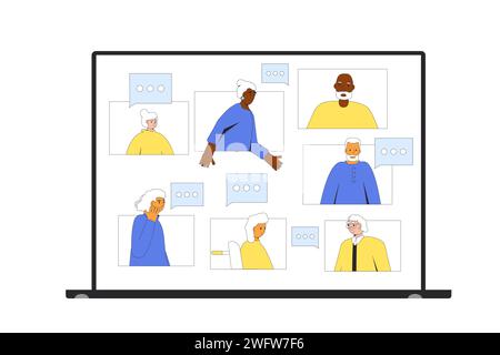 I vecchi amici si tengono in contatto in pensione. Gli anziani comunicano da luoghi diversi. Uomini e donne anziani che parlano online. Vector Flat Ill Illustrazione Vettoriale