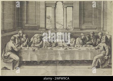 L'ultima cena, Marco dente, dopo Marcantonio Raimondi, dopo Rafaël, 1498 - 1532 stampa Cristo e i suoi dodici discepoli seduti intorno a un tavolo. Attraverso una finestra nella vista di sfondo di un paesaggio. Italia incisione di carta ultima cena (in generale) (Matteo 26:21-35; Marco 14:18-31; Luca 22:3, 22:15-23; Giovanni 13:21-38) Foto Stock