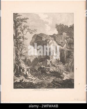 Paesaggio roccioso con tre eremiti, Pierre Quentin Chedel, dopo Jean Baptiste Marie Pierre, 1755 - 1763 tipografia: Franceafter pittura di: Francepublisher: ParisFrance carte incise rocce. anchorite, eremita. ritiro nella natura selvaggia o nel deserto  vita ascetica Foto Stock