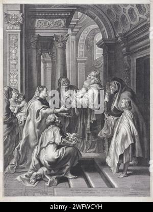 Presentazione nel Tempio, Paolo Ponzio, dopo Pietro Paolo Rubens, 1638 stampa Maria e Giuseppe hanno portato Cristo al tempio. Il sommo sacerdote Simeon tiene il bambino tra le sue braccia. Joseph si inginocchia per loro e tiene alcuni piccioni. Gli Hanna Prophetes guardano al culto. In fondo a una citazione bidirezionale della Bibbia di Luc. 2 in latino. Incisione di carta di Anversa presentazione del Cristo bambino nel tempio, di solito Simeone (e Anna) presente (Luca 2:22-39) Foto Stock