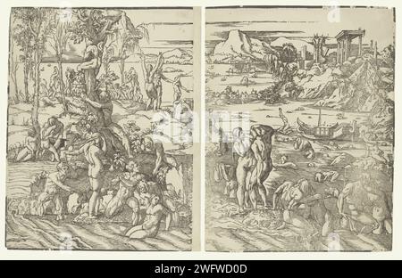 Zondvloed, Andrea Andreani (attribuito a), dopo Nicolò Boldrini, dopo Tiziano, 1568 - 1629 stampa uomini e donne cercano di portare se stessi e gli altri in salvo durante l'alluvione. Sulla destra un tempio e sull'acqua l'Arca di Noè. Tipografia: Italyafter stampa di: Veniceafter design by: Venice paper l'arca galleggia sulle acque, mentre la vita sulla terra è distrutta  storia di Noè Foto Stock