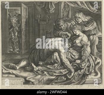 Simson a Delila, Jacob Matham, dopo Peter Paul Rubens, stampa del 1611 i capelli di Simson sono tagliati da un Filisteo mentre dorme nel colpo di Delila. Una donna anziana brilla con una candela. I soldati sono pronti alla porta per catturare Simson, dopo che i suoi capelli saranno scomparsi con i suoi capelli. Storia dell'incisione di Haarlem di Sansone e Delilah (giudici 16:4-21). Le ciocche di Samson sono rasate o tagliate (di solito con le forbici) da un Filisteo Foto Stock
