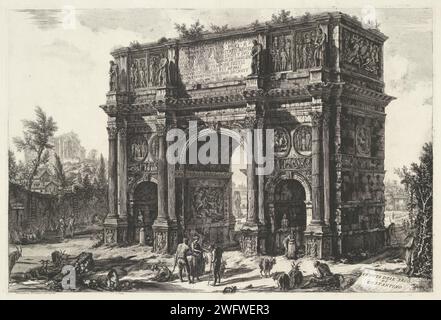 BOOG VAN CONSTANTIJN te Roma, Giovanni Battista Piranesi, 1748 - 1778 stampa veduta dell'arco di Costantijn a Roma. Titolo sul blocco in basso a destra. Arco trionfale inciso in carta di Roma. Paesaggio con rovine Arco di Costantino. Roma Foto Stock