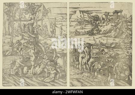 Zondvloed, Andrea Andreani (attribuito a), dopo Nicolò Boldrini, dopo Tiziano, 1568 - 1629 stampa uomini e donne cercano di portare se stessi e gli altri in salvo durante l'alluvione. Sulla destra un tempio e sull'acqua l'Arca di Noè. Tipografia: Italyafter stampa di: Veniceafter design by: Venice paper l'arca galleggia sulle acque, mentre la vita sulla terra è distrutta  storia di Noè Foto Stock