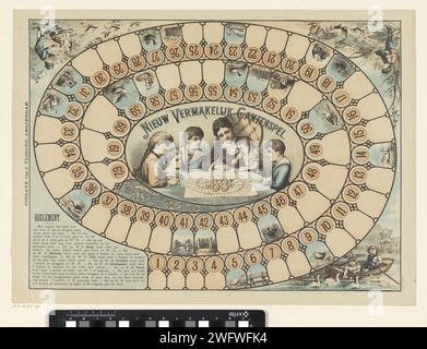 Nuovo e divertente gioco d'oca, stampa 1890. Gioco da tavolo Gameboard Goose con spirale con scomparti numerati da 1 a 63. In qualche scatola di oche. Nel grande compartimento centrale il titolo e l'immagine di una madre con i suoi figli intorno a un tavolo che gioca a tavola d'oca. Titolo nel margine superiore, in basso a sinistra le regole nella stampa del libro. Amsterdam paper letterpress Printing Goose-game. giochi da tavolo. giochi da tavolo d'azzardo Foto Stock