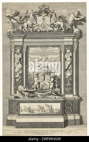 Graftombe di Admiraal Maarten Harpertsz. Tromp in Oude Kerk a Delft, Cornelis van Dalen (II), dopo Jacob van Campen, dopo Rombout Verhulst, 1656 - 1664 stampa Graftombe da Admiraal Maarten Harpertsz. Tromp a Oude Kerk a Delft. Immagine dell'ammiraglio caduto in imbracatura adagiato sulla tomba con la battaglia in mare a Terheide sulla Frisona. Contro la parete rilievo marmoreo con putti con stemmi e armature fiancheggiate da colonne e militaria. In cima al telaio coronato da uno scudo d'armi tenuto dai griffini e affiancato da Tritoni o Meermannen. Nella base del Praalgraf, un verso in otto righe di Joost van de Foto Stock