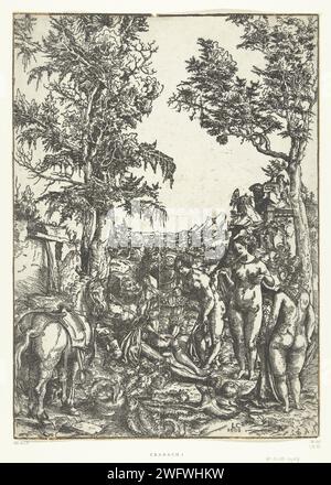 Giudizio di Parigi, Lucas Cranach (i), stampa del 1508 mercurio suscita la Parigi addormentata in modo che possa decidere quale delle tre dee Giunone, Minerva o Venere sia la più bella. Le donne qui non possono essere distinte per attributi. Documento della Germania The Judgement of Paris (mercurio presente) Foto Stock