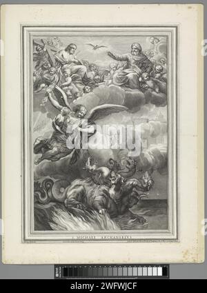Arcangelo Michaël, Nicolo Billy, dopo Pietro da Cortona, 1637 - 1691 stampa l'Arcangelo Michaël in lotta con un drago di sei membri. In cima alle nuvole, Cristo e Dio sono il padre, circondati da Putti. Al centro sopra lo Spirito Santo galleggia sotto forma di piccione. Sullo sfondo un cancello con un angelo. Tipografia: Italyafter pittura di: Italypublisher: Rome paper Engraving the Archangel Michael Fighting the Dragon (Devil, Satana). La Santissima Trinità, 'Trinitas coelestis'; padre, figlio e Spirito Santo  religione cristiana. Rappresentazioni della Trinità. angeli Foto Stock