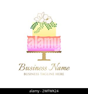 Logo Rainbow Cake per la festa di compleanno o d'affari con prodotti da forno nei colori e fiori sfumati giallo, arancione e rosa Illustrazione Vettoriale