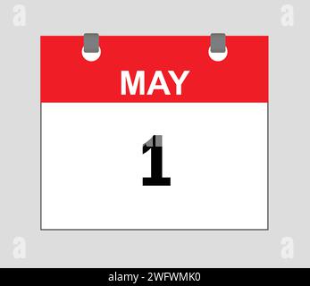 Prima maggio, icona Calendario rosso e bianco, vettore calendario, simbolo icona data, icona pianificazione, Illustrazione Vettoriale