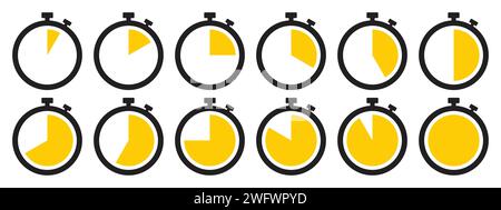 Icona del cronometro impostata in giallo. Set di simboli del cronometro. Raccolta dell'icona del timer impostata in giallo su sfondo bianco. Cronometro con conto alla rovescia. Illustrazione Vettoriale