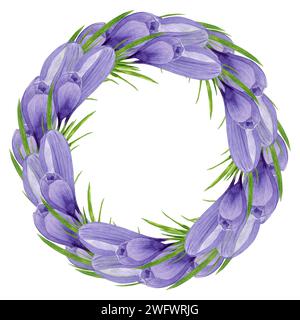 Corona di croci viola, telaio di fiori primaverili acquerello dipinto a mano illustrazione floreale isolata su sfondo bianco elemento di design per etichetta, logo, Foto Stock