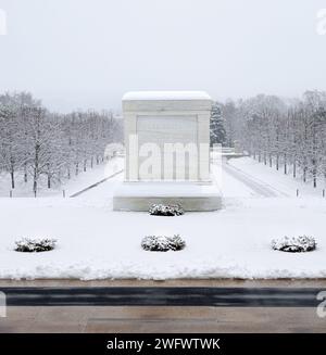 Un soldato dell'esercito degli Stati Uniti del 4th Battalion, 3d U.S. Infantry Regiment (The Old Guard) sta di guardia presso la Tomba del Milite sconosciuto, situata nel cimitero nazionale di Arlington, Virginia, in mezzo a una tempesta di neve il 19 gennaio 2024. La Tomba del Milite Ignoto è osservata 24 ore al giorno, sette giorni alla settimana. Foto Stock