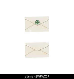 Busta. Lettera o invito per St. Patrick's Day. Illustrazione ad acquerello isolata su sfondo bianco. Clipart Foto Stock