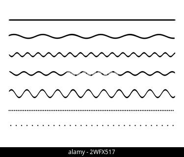 Set di linee di forme diverse. Linea retta, linea ondulata, linea tratteggiata. Illustrazione dei tipi di linee Foto Stock