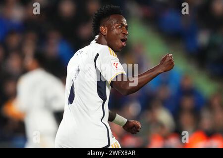 Getafe, Spagna. 1 febbraio 2024. Vinicius Jr del Real Madrid durante la Liga EA Sports, data 20 tra Getafe CF e Real Madrid ha giocato al Coliseum Stadium il 1 febbraio 2024 a Getafe, Madrid, Spagna. (Foto di Bagu Blanco/PRESSINPHOTO) crediti: PRESSINPHOTO SPORTS AGENCY/Alamy Live News Foto Stock