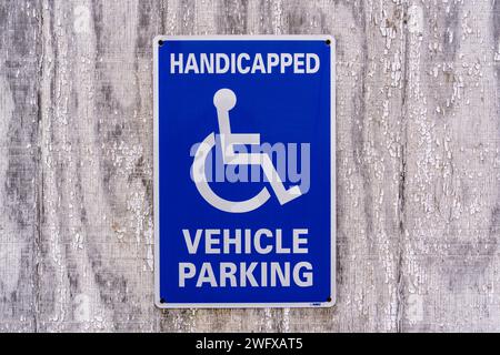 Cartello blu con la scritta "Reading Handicapped Vehicle Parking" (parcheggio per disabili Foto Stock