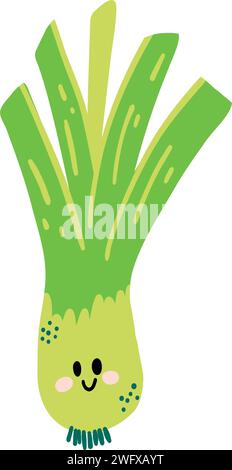 Simpatico porro disegnato a mano sorridente. Kawaii divertente personaggio vegetale per bambini Illustrazione Vettoriale