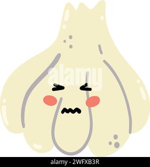 Delizioso aglio disegnato a mano sorridente. Kawaii divertente personaggio vegetale per bambini. Illustrazione Vettoriale