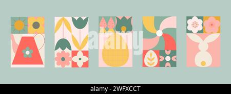 Cartellini geometrici e striscioni di pasqua. Cartoline di primavera e pasqua con fiori, coniglietto, ruota dentata. Illustrazione Vettoriale