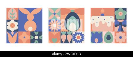 Cartoline geometriche e striscioni quadrate di pasqua astratte e moderne. Cartoline di primavera, pasqua con fiori, coniglietto, uova. Illustrazione Vettoriale