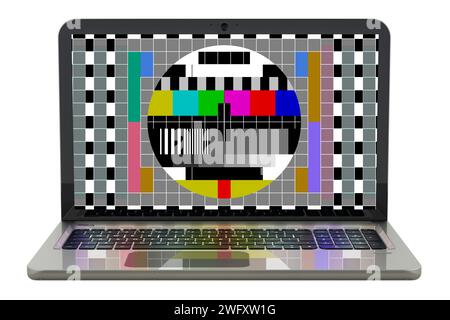 Computer portatile con scheda di prova sullo schermo, problema di connessione, concetto. Rendering 3D isolato su sfondo bianco Foto Stock