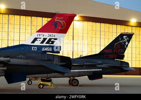 Il 412th test Wing ha svelato due F-16 assegnati al 416th Flight test Squadron adornati con speciali flash di coda per celebrare i 50 anni di servizio del Fighting Falcon. Foto Stock