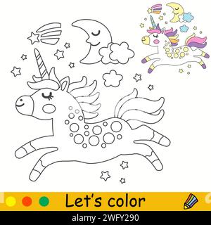 Cartoni animati unicorno magico con ali. Pagina di libri da colorare per bambini. Unicorn. Contorno nero su bianco. Illustrazione vettoriale isolata con colorfu Illustrazione Vettoriale