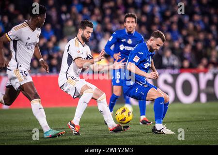 1 febbraio 2024; Coliseum Alfonso Pérez, Getafe, Spagna, la Liga calcio spagnola, Getafe contro Real Madrid; Mayoral e Nacho Foto Stock