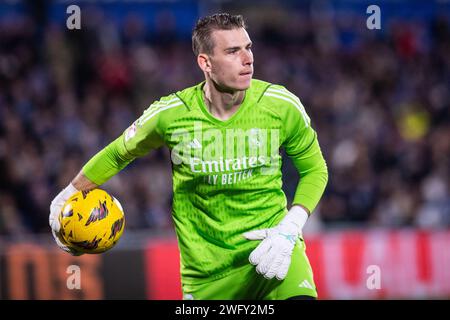 1 febbraio 2024; Coliseum Alfonso Pérez, Getafe, Spagna, la Liga calcio spagnola, Getafe contro Real Madrid; Lunin Foto Stock