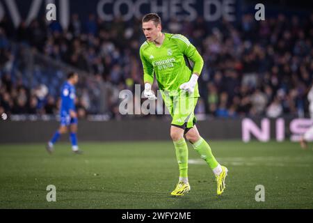 1 febbraio 2024; Coliseum Alfonso Pérez, Getafe, Spagna, la Liga calcio spagnola, Getafe contro Real Madrid; Lunin Foto Stock