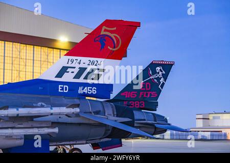 Il 412th test Wing ha svelato due F-16 assegnati al 416th Flight test Squadron adornati con speciali flash di coda per celebrare i 50 anni di servizio del Fighting Falcon. Foto Stock