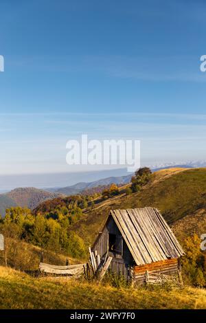 Piccoli vecchi pastori abbandonati in legno si trovano su una collina contro il paesaggio montano. Carpazi, Paltinis, Romania. Foto Stock