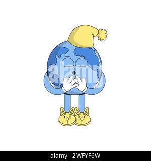Giornata mondiale del sonno. Ora terrestre. Il pianeta Terra dormiente in un cappellino per dormire. Sorriso psichedelico. Stile animato mascotte retrò. Illustrazione Vettoriale