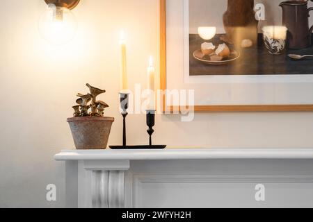 Funghi di ostrica in una pentola di ceramica, con candele che bruciano, seduti su una mensola di legno bianco. Foto Stock