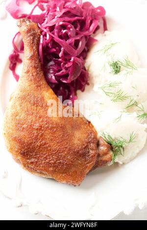 Anatra arrosto con cavolo rosso e purè di patate su sfondo luminoso. Primo piano. Foto Stock