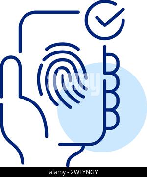 Accesso all'account personale dello smartphone. Simbolo e segno di spunta dell'impronta digitale. Pixel Perfect, tratto modificabile Illustrazione Vettoriale