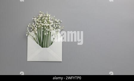 Composizione minimalista di White Lily of the Valley in busta su sfondo grigio Foto Stock