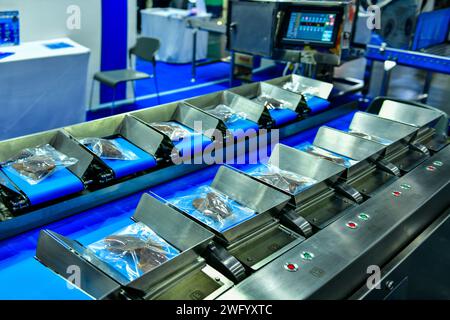 Linea di produzione automatica di alimenti a base di carne di pesce essiccato su macchinari per nastri trasportatori in fabbrica Foto Stock