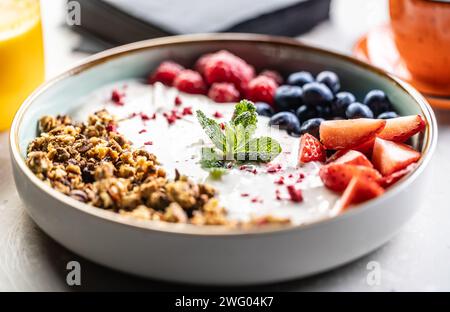 Una ciotola piena di frutti di bosco, yogurt e cereali. Concetto di colazione salutare. Foto Stock